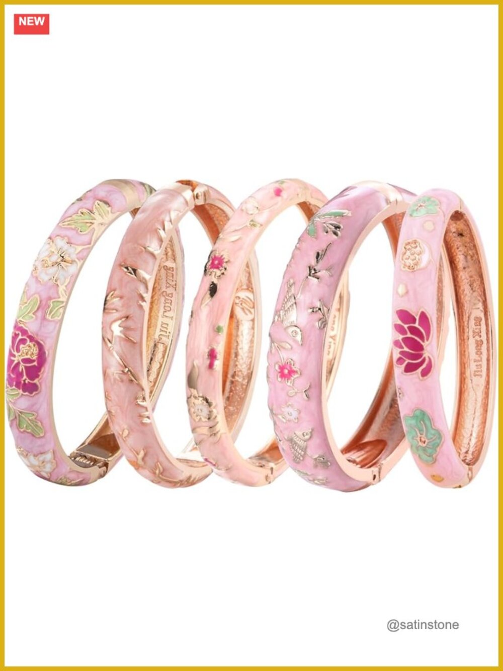 5 Pcs Enamel Cloisonne Bangle Bracelet Set Gold Plated Alloy Jewelry